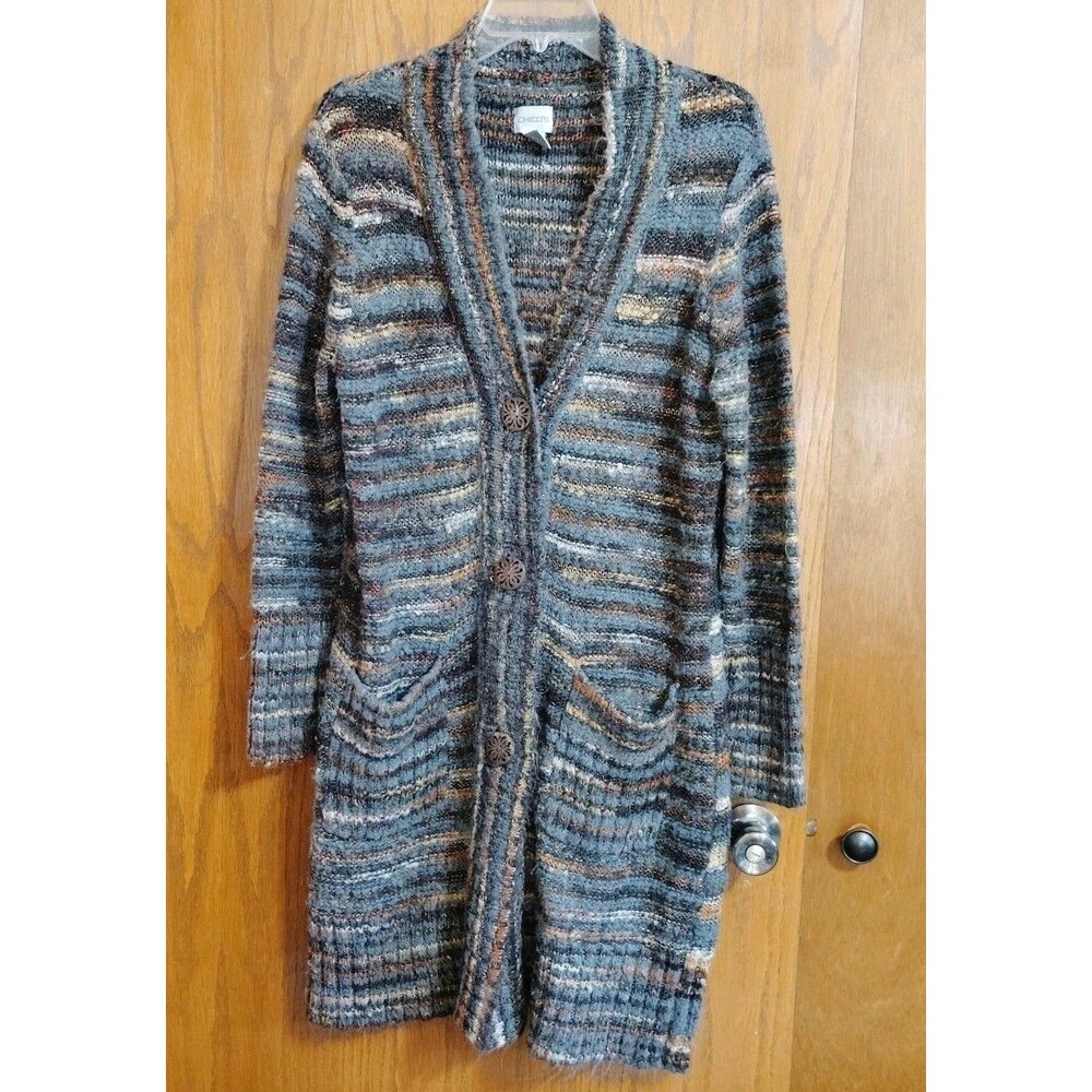Chico's Cardigan Sz 2 Large Sweater Longline Button Front Classic Duster Pockets